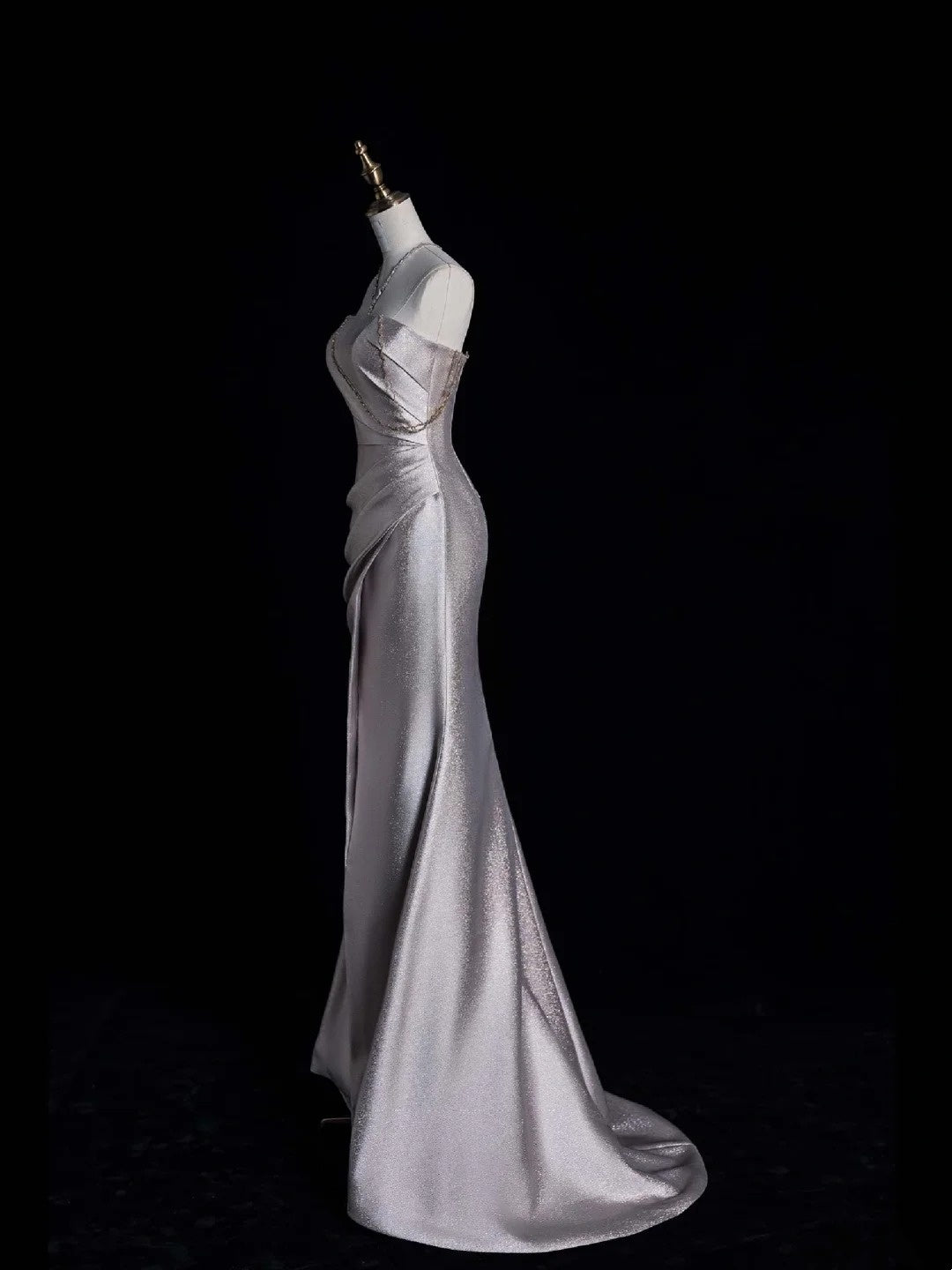Retro Classy Mermaid Strapless Silver Gray Satin With Slit 1950s Long Prom Dresses Formal Gowns N865