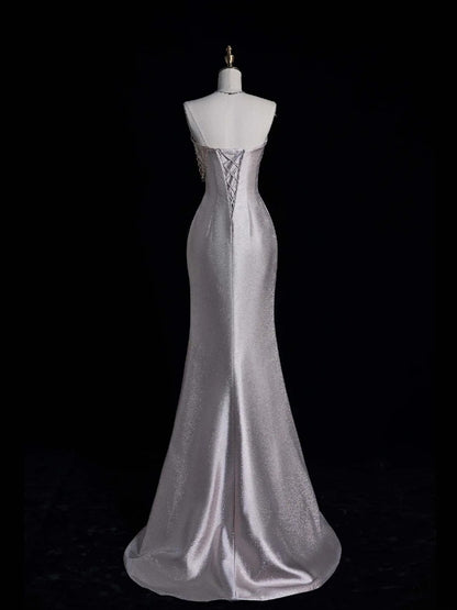 Retro Classy Mermaid Strapless Silver Gray Satin With Slit 1950s Long Prom Dresses Formal Gowns N865