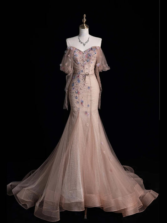 Modest Mermaid Off The Shoulder Blush Pink Tulle Long Prom Dresses Party Dress 22th Birthday Outfits Graduation Gown N866
