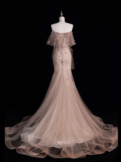 Modest Mermaid Off The Shoulder Blush Pink Tulle Long Prom Dresses Party Dress 22th Birthday Outfits Graduation Gown N866