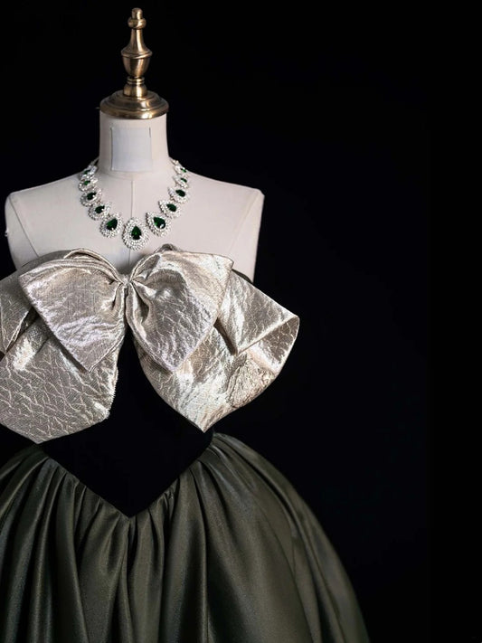 Retro Classy Ball Gown Strapless Olive Green Satin Long 1950s Prom Dresses Formal Gowns N868
