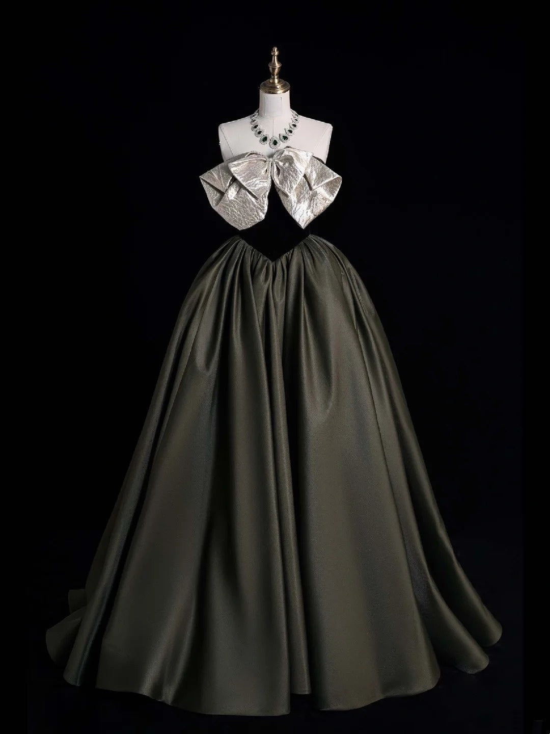 Retro Classy Ball Gown Strapless Olive Green Satin Long 1950s Prom Dresses Formal Gowns N868
