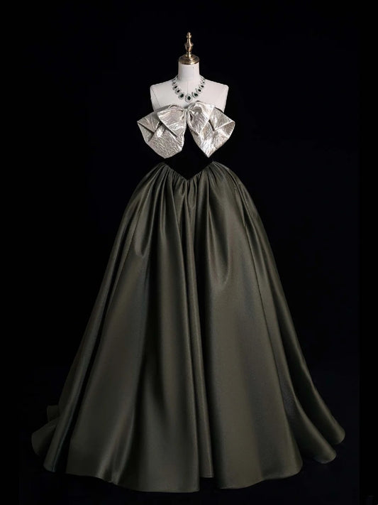 Retro Classy Ball Gown Strapless Olive Green Satin Long 1950s Prom Dresses Formal Gowns N868