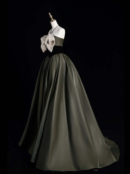 Retro Classy Ball Gown Strapless Olive Green Satin Long 1950s Prom Dresses Formal Gowns N868