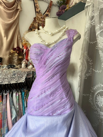 Classy Ball Gown One Shoulder Lilac With Beaded Pleated 2000s Long Prom Dresses Formal Gowns N857