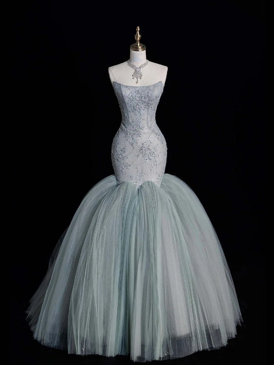Modest Mermaid Strapless Dusty Green Tulle Long Prom Dresses Party Dress 22th Birthday Outfits Graduation Gown N872
