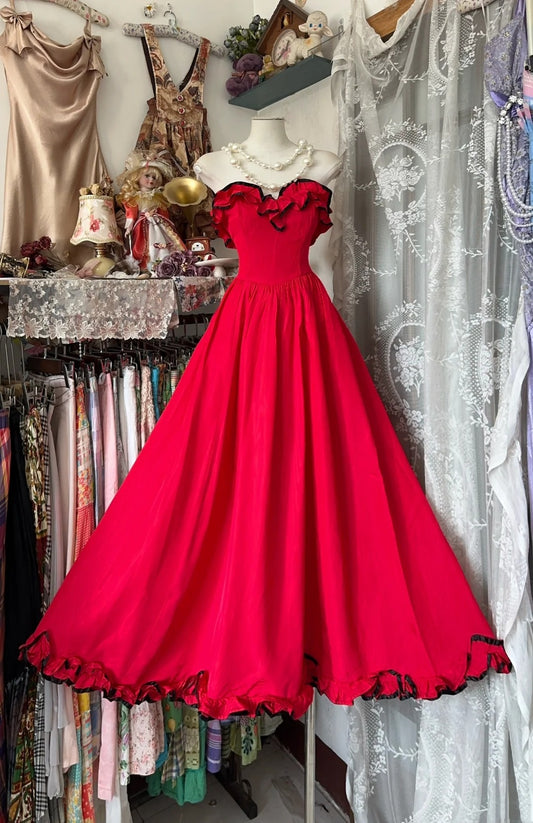 Classy Ball Gown Strapless Red Chiffon 2000s Tea Length Prom Dresses Formal Gowns N874