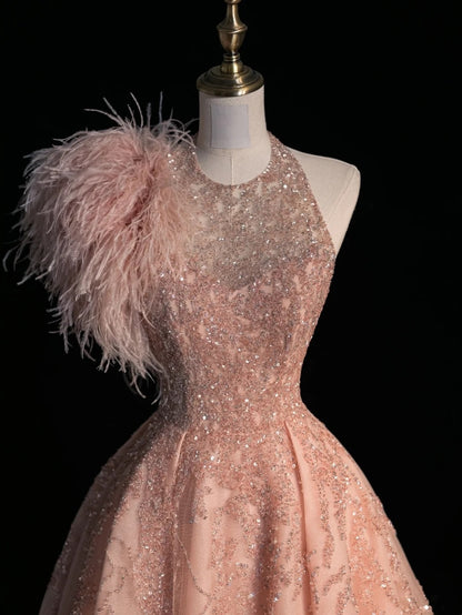 Classy Ball Gowns Scoop Neck Sequined Blush Pink Long Prom Dresses Graduation 20th Birthday Outfits N873