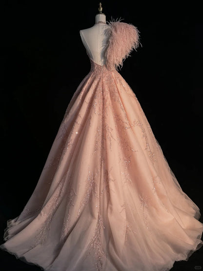 Classy Ball Gowns Scoop Neck Sequined Blush Pink Long Prom Dresses Graduation 20th Birthday Outfits N873