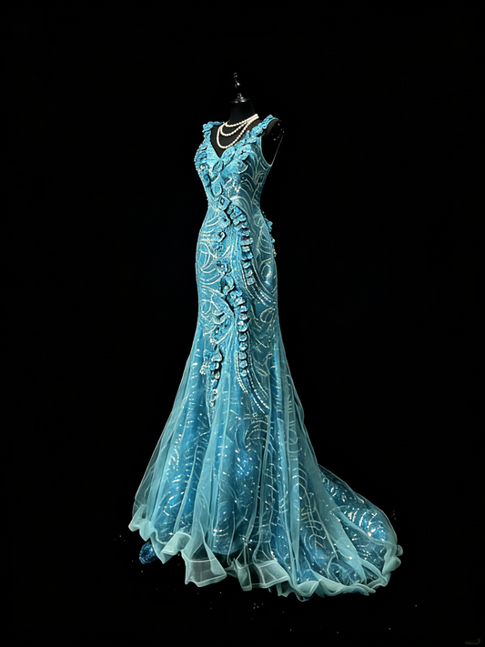 Chic Mermaid V Neck Blue Sequin Lace Long Party Dresses Prom Dresses Impress Senior Formal Dance Dress N938