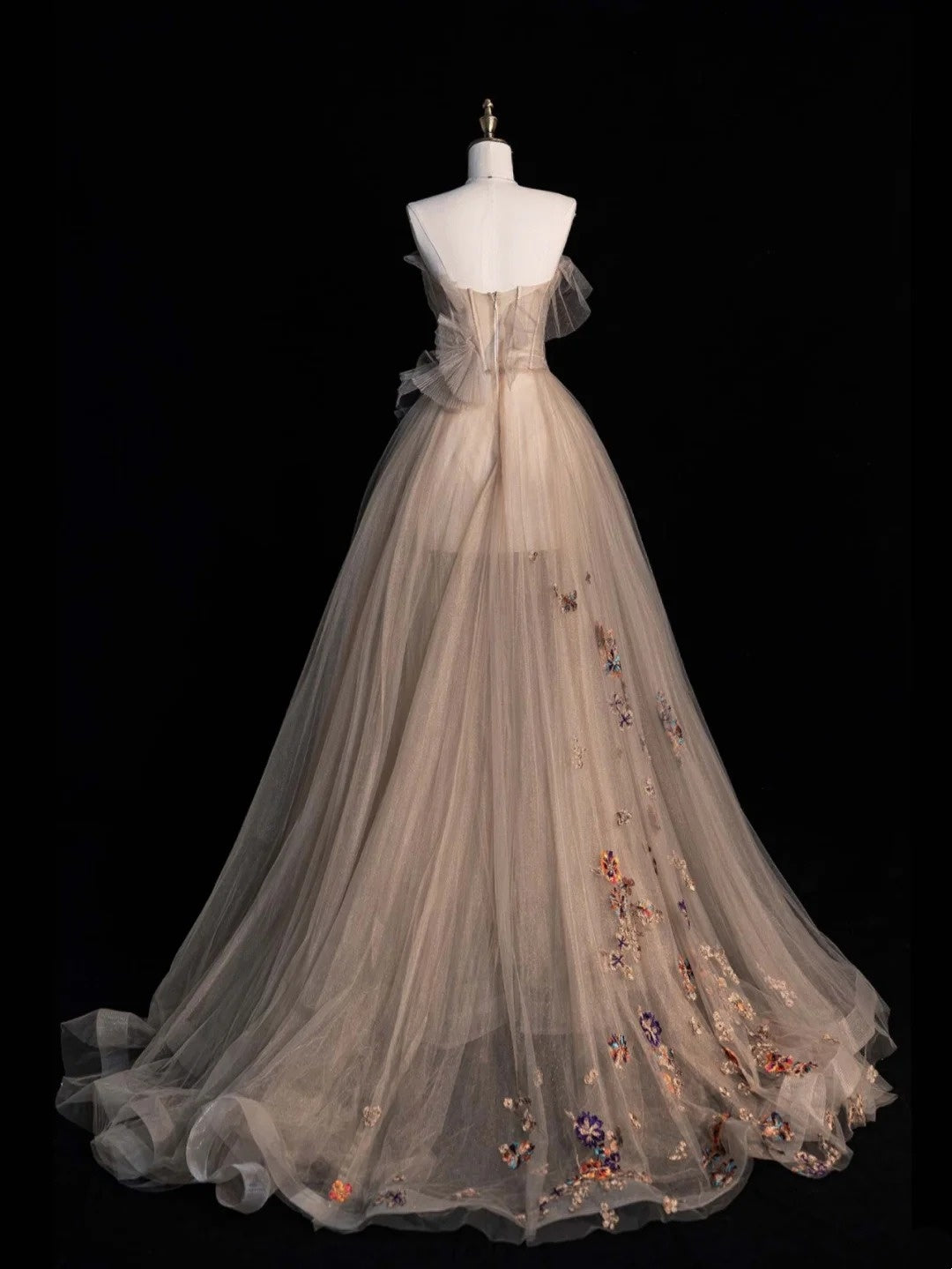 Princess Ball Gown Strapless Champagne Tulle Long Prom Dresses Evening Outfits Formal Dress N960