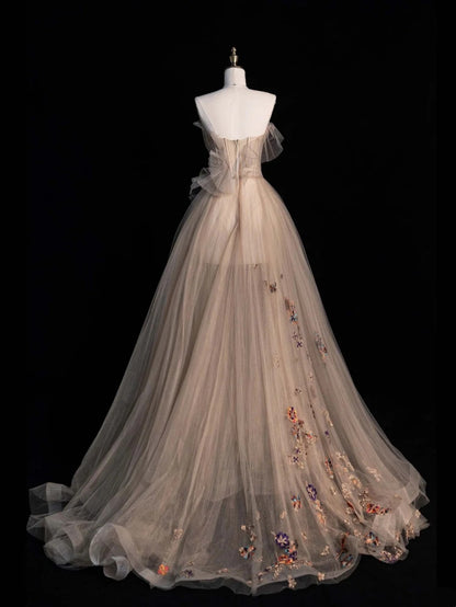 Princess Ball Gown Strapless Champagne Tulle Long Prom Dresses Evening Outfits Formal Dress N960