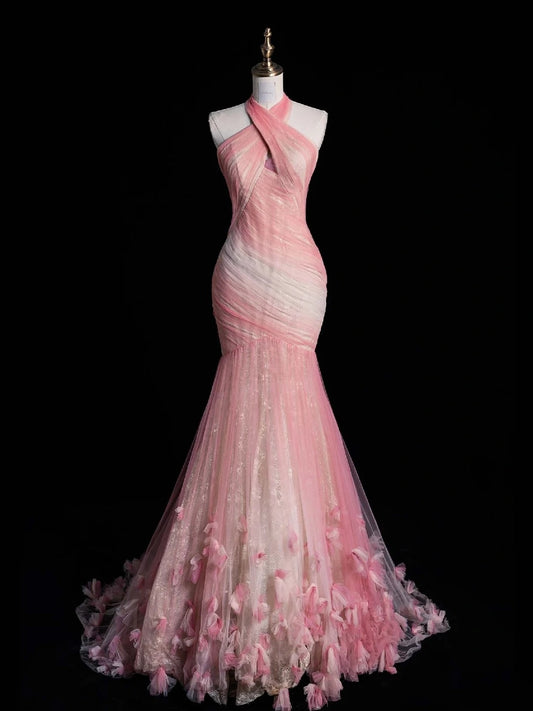 Retro Mermaid Halter Pink Tulle With Sleeves Party Dresses Prom Dresses Impress Senior Formal Dance Dress N962
