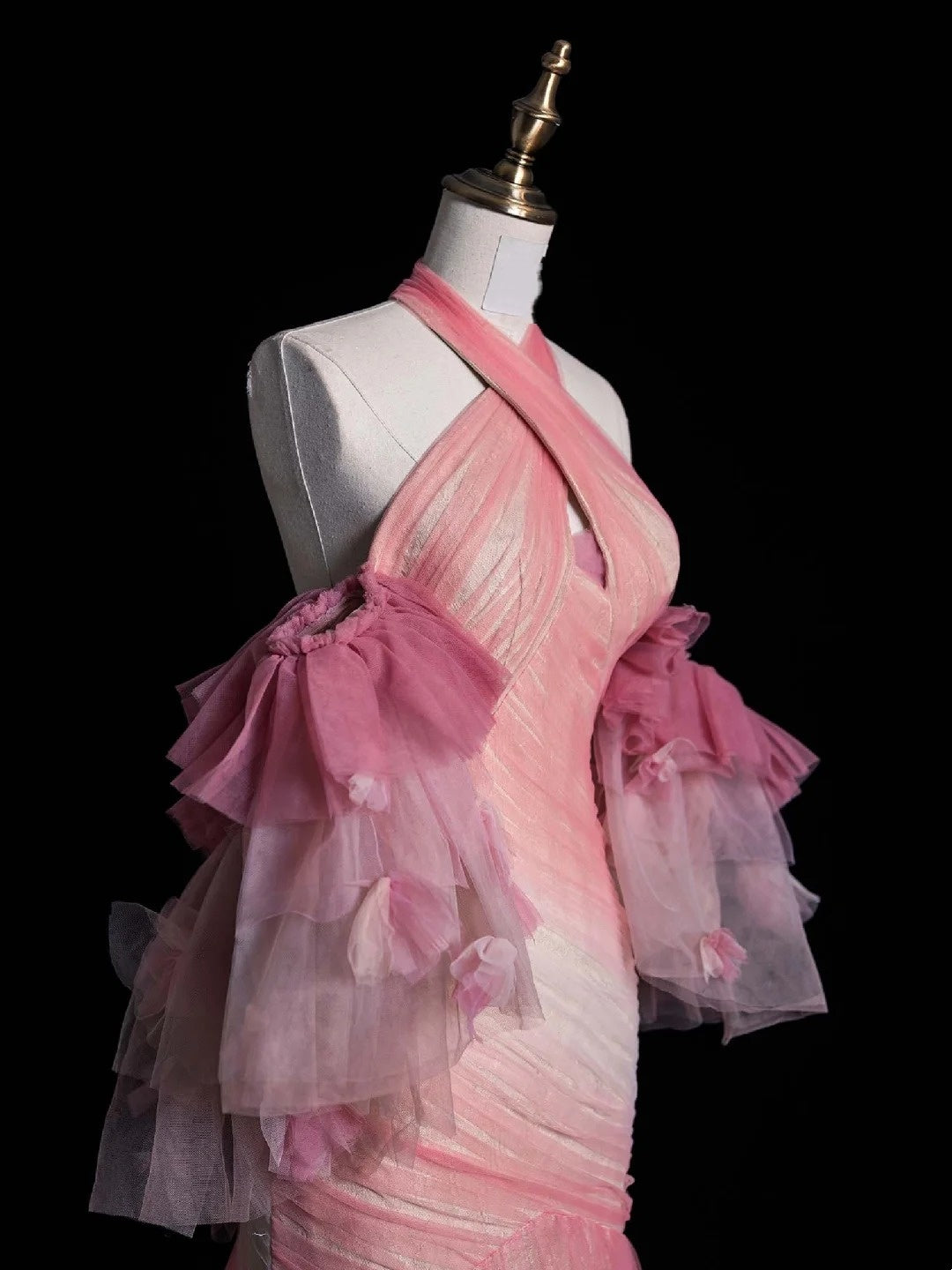 Retro Mermaid Halter Pink Tulle With Sleeves Party Dresses Prom Dresses Impress Senior Formal Dance Dress N962