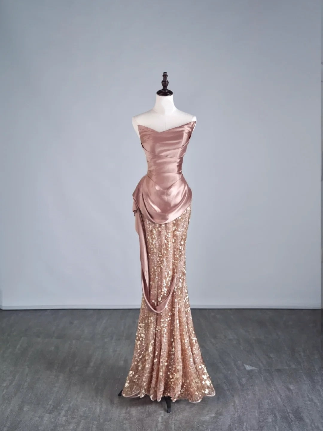 Princess Mermaid Sweetheart Pink Satin Sequins Long Prom Dresses Evening Outfits Formal Dress N964