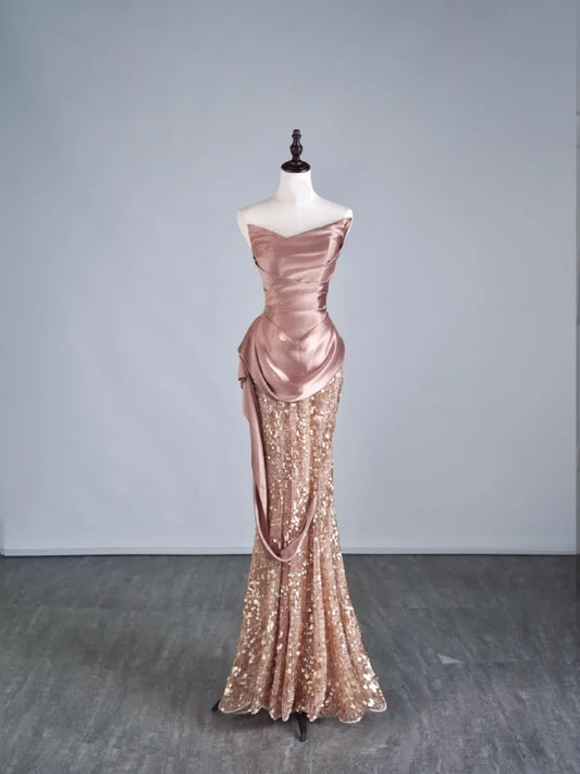 Princess Mermaid Sweetheart Pink Satin Sequins Long Prom Dresses Evening Outfits Formal Dress N964