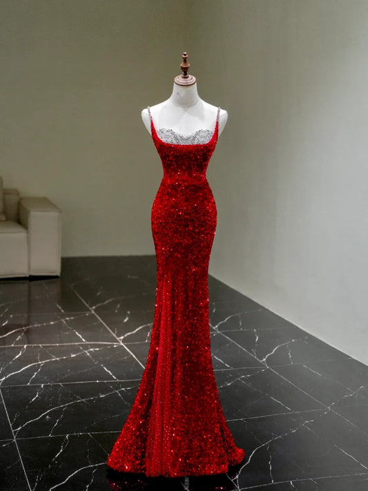 Chic Mermaid Spaghetti Strap Red Sequins Long Party Dresses Prom Dresses Impress Formal Party Dress N940