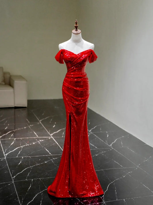 Sexy Mermaid Off The Shoulder Red Sequins With Sleeves Long Prom Dress Evening Outfits Formal Dress N942