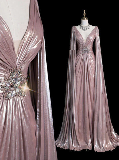 Vintage A line V Neck Pink Beaded Bodice Satin With Cape Long Prom Dress Evening Outfits Formal Dress N541