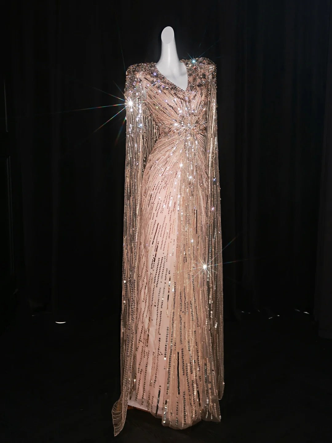 Chic A Line V Neck Blush Pink Sequin With Long Sleeves Cape Party Dresses Prom Dresses Impress Senior Formal Dance Dress N946