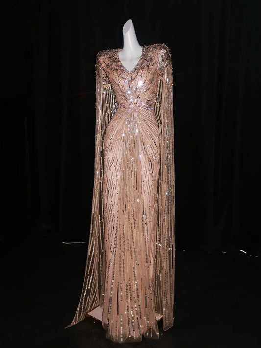 Chic A Line V Neck Blush Pink Sequin With Long Sleeves Cape Party Dresses Prom Dresses Impress Senior Formal Dance Dress N946