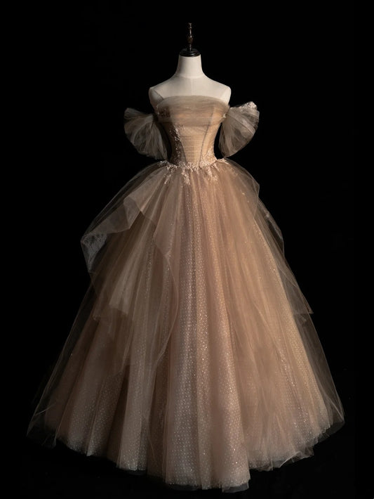 Sexy Ball Gown Off The Shoulder Champagne Tulle With Sleeves Long Prom Dresses Evening Outfits Formal Dress N949