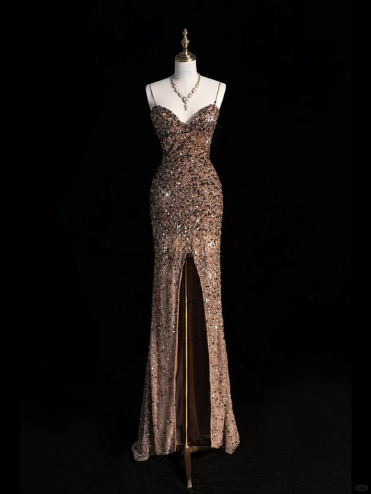 Sparkly Mermaid Spaghetti Strap Champagne Sequins Long Party Dresses Prom Dresses Impress Formal Party Dress N949