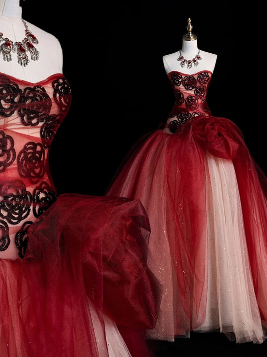 Modest Ball Gown Sweetheart Red Tulle Long Prom Dresses Party Dress 16th Birthday Outfits Graduation Gown N931