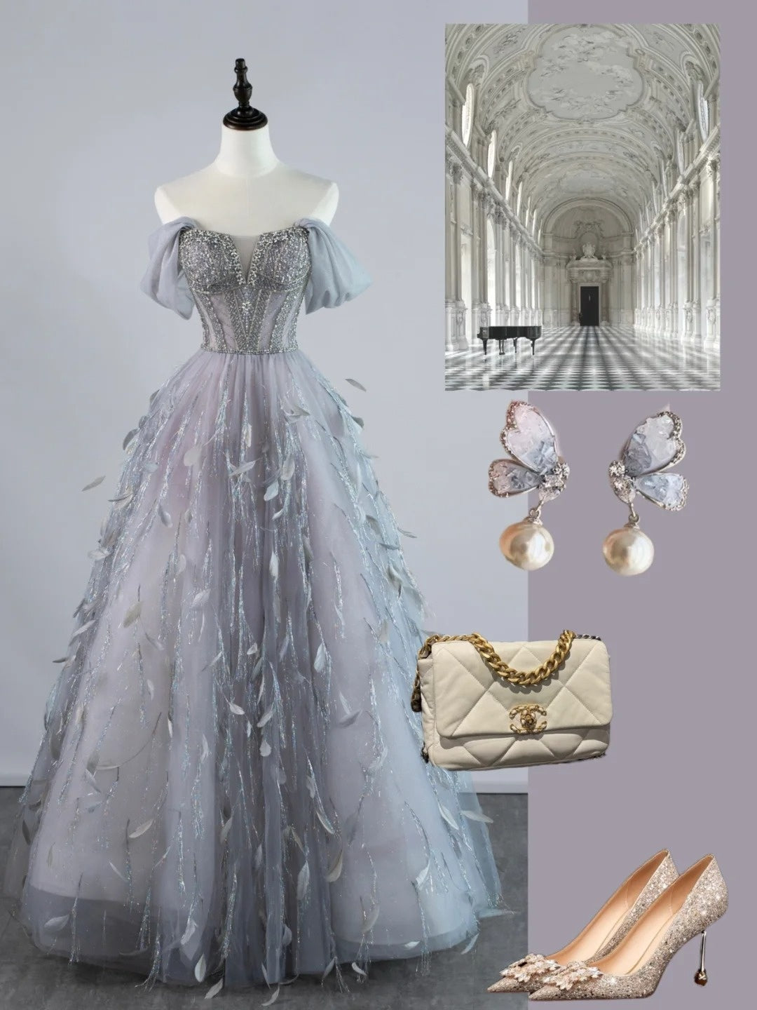 Sexy Ball Gown Off The Shoulder Silver Grey Tulle With Sleeves Long Prom Dresses Evening Outfits Formal Dress N953
