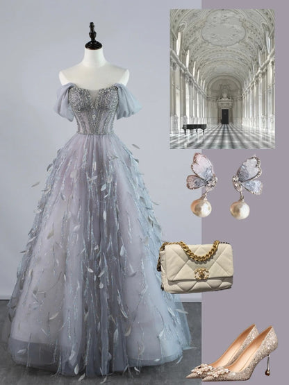 Sexy Ball Gown Off The Shoulder Silver Grey Tulle With Sleeves Long Prom Dresses Evening Outfits Formal Dress N953