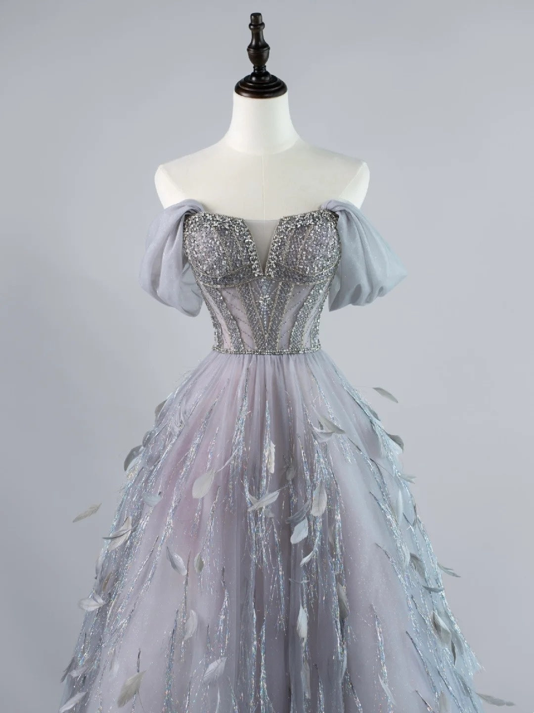 Sexy Ball Gown Off The Shoulder Silver Grey Tulle With Sleeves Long Prom Dresses Evening Outfits Formal Dress N953