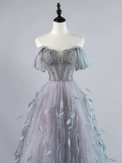 Sexy Ball Gown Off The Shoulder Silver Grey Tulle With Sleeves Long Prom Dresses Evening Outfits Formal Dress N953