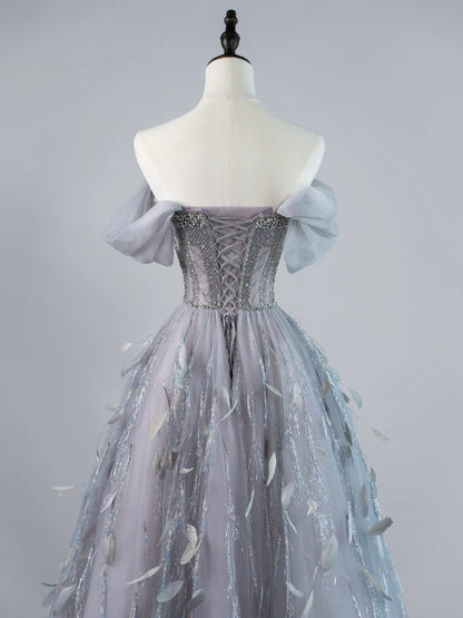 Sexy Ball Gown Off The Shoulder Silver Grey Tulle With Sleeves Long Prom Dresses Evening Outfits Formal Dress N953