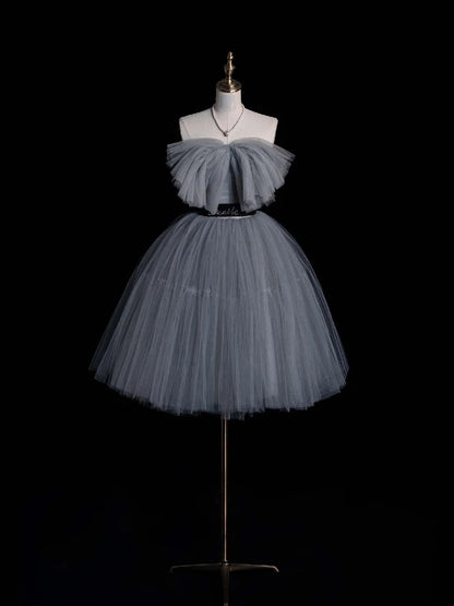 Simple Ball Gown Strapless Silver Gray Tulle Short 16th Birthday Outfits Middle School Homecoming Dresses Cocktail Gown N954