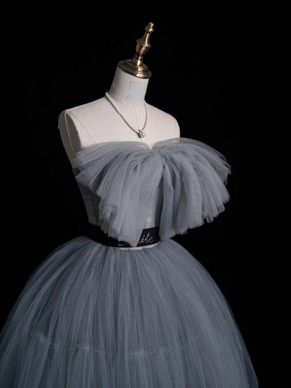 Simple Ball Gown Strapless Silver Gray Tulle Short 16th Birthday Outfits Middle School Homecoming Dresses Cocktail Gown N954
