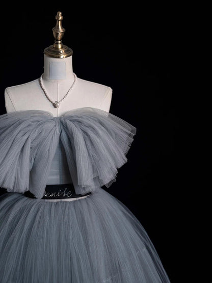 Simple Ball Gown Strapless Silver Gray Tulle Short 16th Birthday Outfits Middle School Homecoming Dresses Cocktail Gown N954