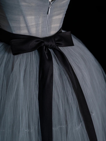 Simple Ball Gown Strapless Silver Gray Tulle Short 16th Birthday Outfits Middle School Homecoming Dresses Cocktail Gown N954