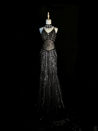 Chic Mermaid Spaghetti Strap Black Sequin Long Party Dresses Prom Dresses Impress Formal Party Dress N934