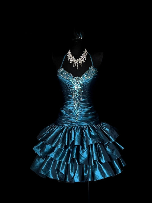 Vintage Ball Gown Navy Blue Halter Drop Waist Hoco Gowns Short Birthday Dress Homecoming Dresses Hoco Gown N957