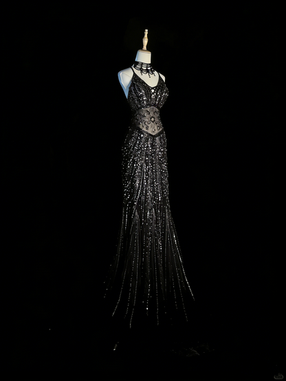 Chic Mermaid Spaghetti Strap Black Sequin Long Party Dresses Prom Dresses Impress Formal Party Dress N934