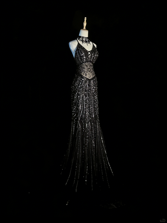 Chic Mermaid Spaghetti Strap Black Sequin Long Party Dresses Prom Dresses Impress Formal Party Dress N934