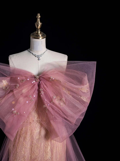 Retro Sheath Sweetheart Pink Lace Tulle With Bowknot Party Dresses Prom Dresses Impress Senior Formal Dance Dress N958