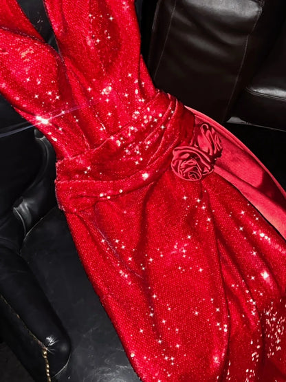 Sparkly Mermaid Halter Red Sequins Long Party Dresses Prom Dresses Impress Formal Party Dress N941