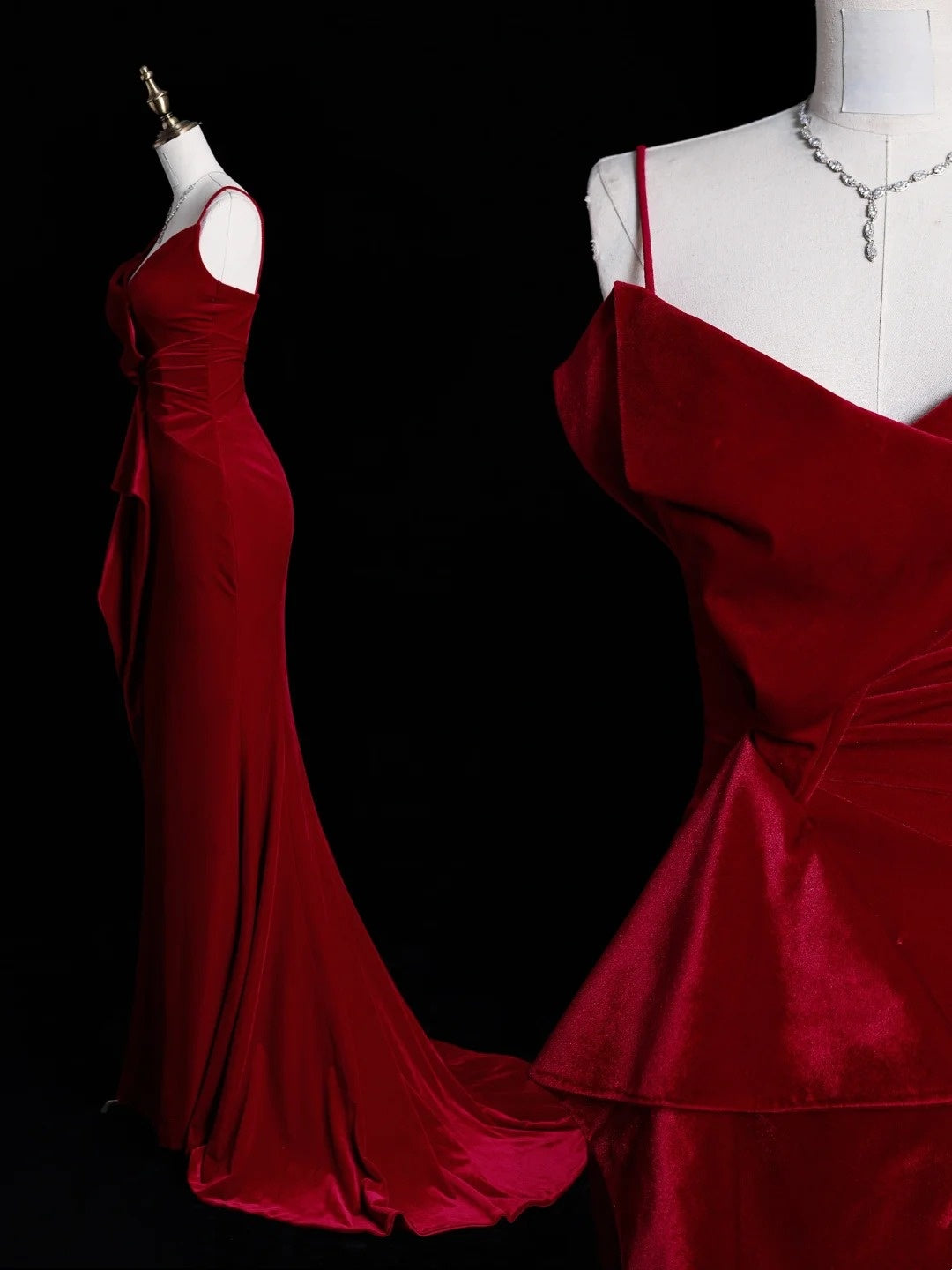 Chic Mermaid Spaghetti Strap Red Velvet Long Party Dresses Prom Dresses Impress Formal Party Dress N937