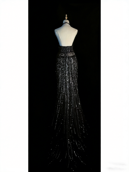 Chic Mermaid Spaghetti Strap Black Sequin Long Party Dresses Prom Dresses Impress Formal Party Dress N934