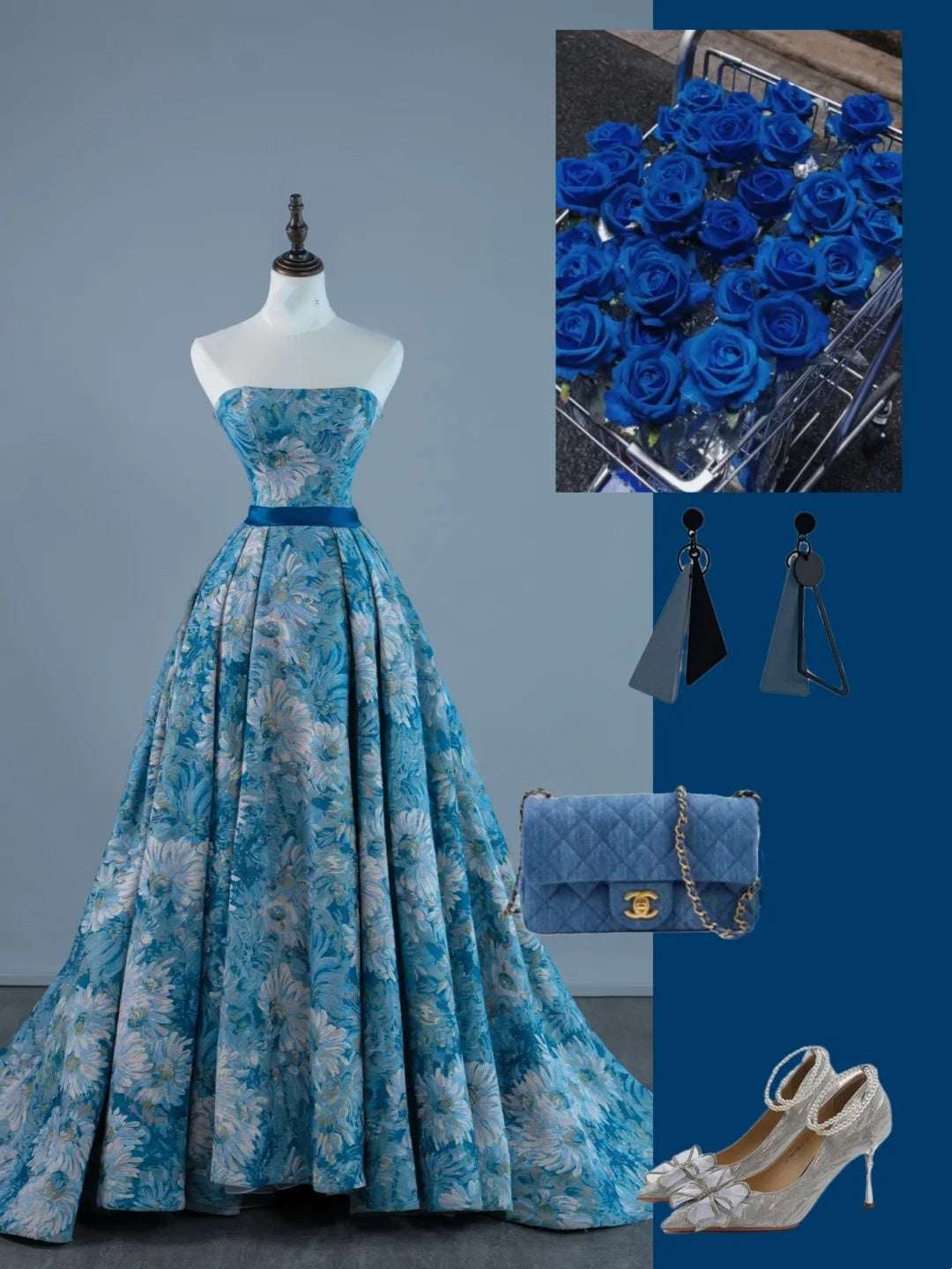 Sexy Ball Gown Strapless Sleeveless Blue Floral Satin Long Prom Dresses Evening Outfits Formal Dress N959