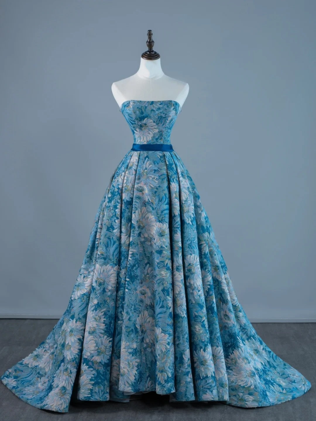 Sexy Ball Gown Strapless Sleeveless Blue Floral Satin Long Prom Dresses Evening Outfits Formal Dress N959