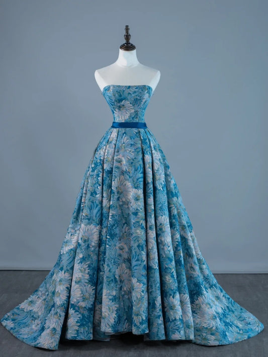 Sexy Ball Gown Strapless Sleeveless Blue Floral Satin Long Prom Dresses Evening Outfits Formal Dress N959