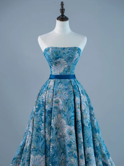 Sexy Ball Gown Strapless Sleeveless Blue Floral Satin Long Prom Dresses Evening Outfits Formal Dress N959