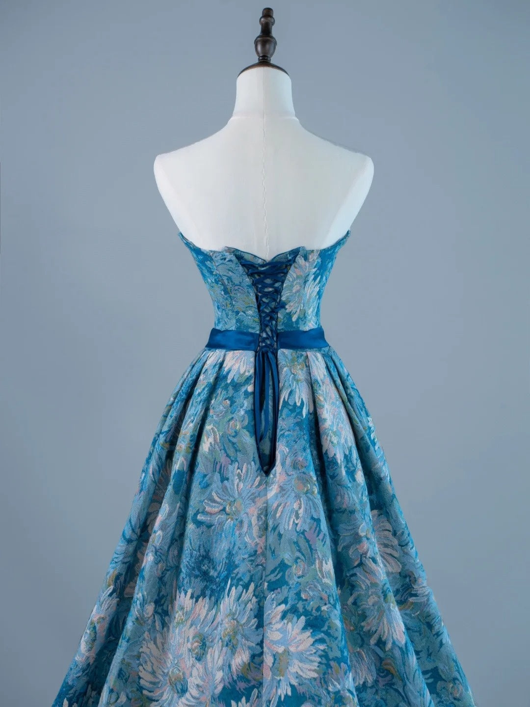 Sexy Ball Gown Strapless Sleeveless Blue Floral Satin Long Prom Dresses Evening Outfits Formal Dress N959